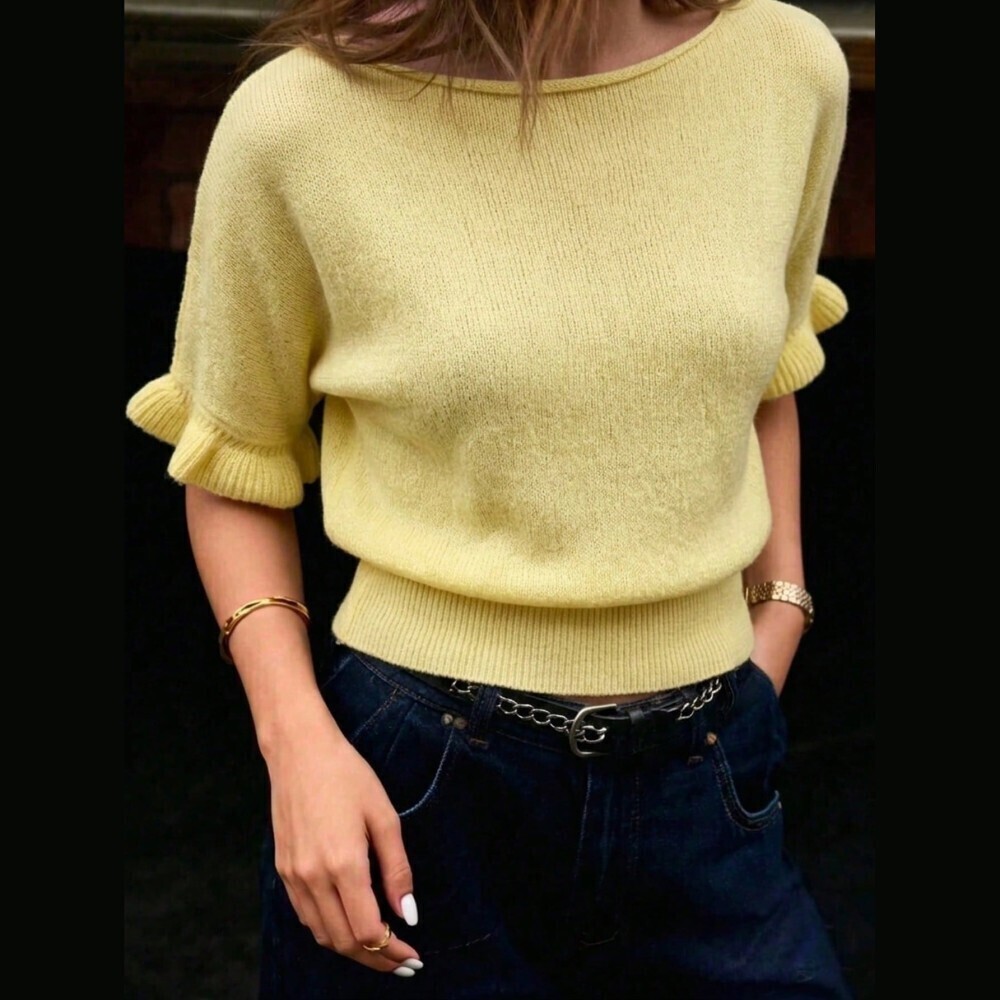 Pale Yellow Knit Boat Neck Ruffle Cuff Short Sleeve Sweater